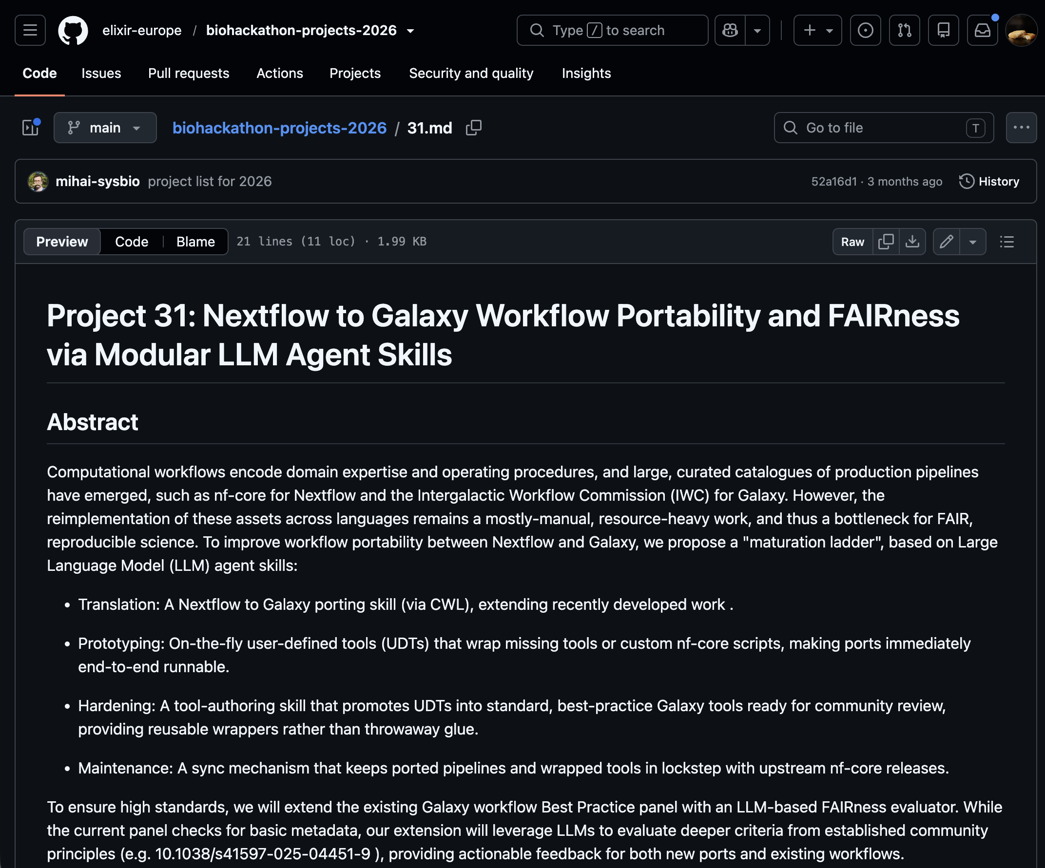 ELIXIR BioHackathon Europe 2026 Project 31: Nextflow to Galaxy Workflow Portability and FAIRness via Modular LLM Agent Skills, proposing a maturation ladder of translation, prototyping, hardening, and maintenance skills