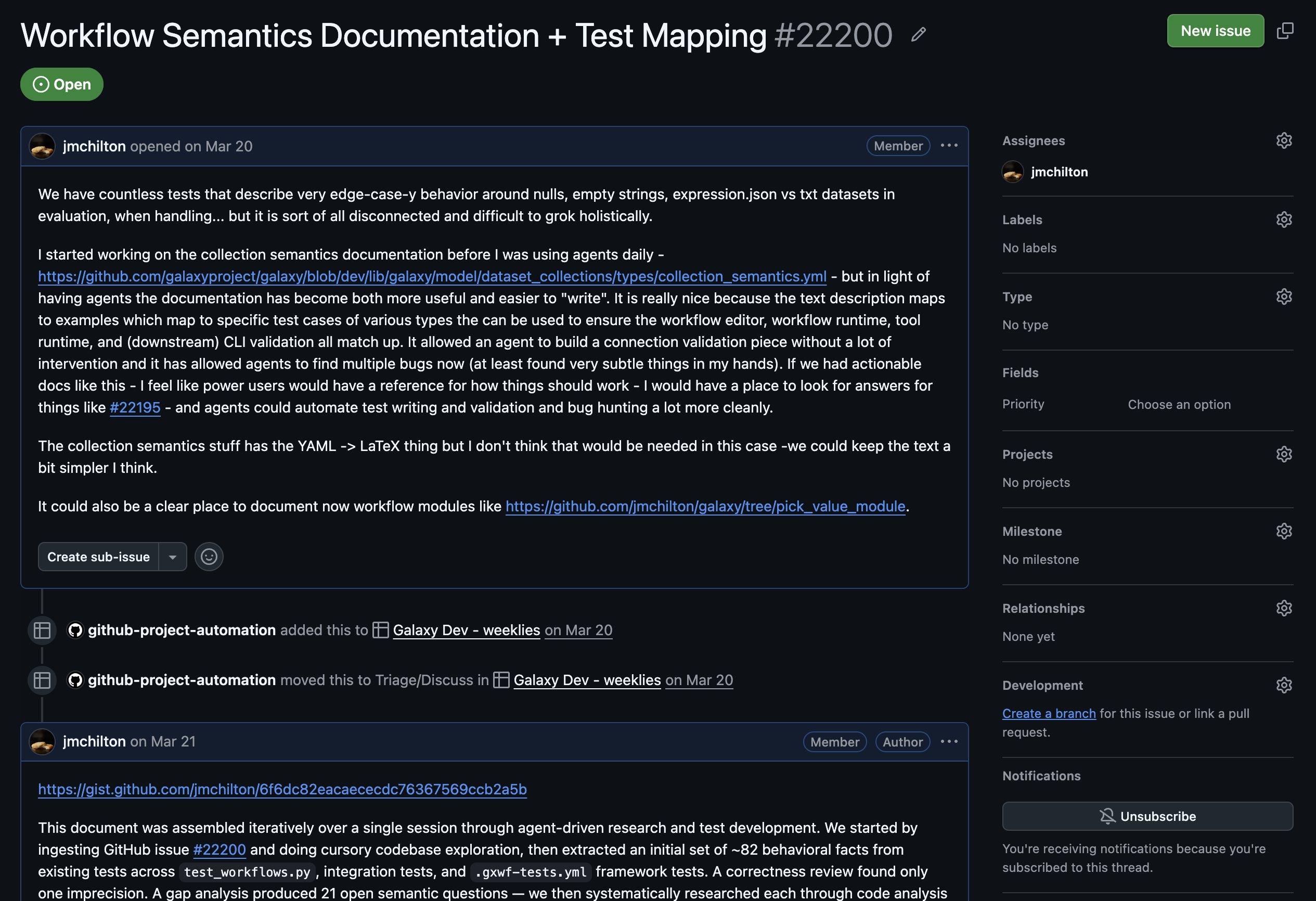 Galaxy issue 22200, Workflow Semantics Documentation and Test Mapping, proposing actionable documentation that maps text descriptions to examples to specific test cases across the workflow editor, runtime, and CLI validation
