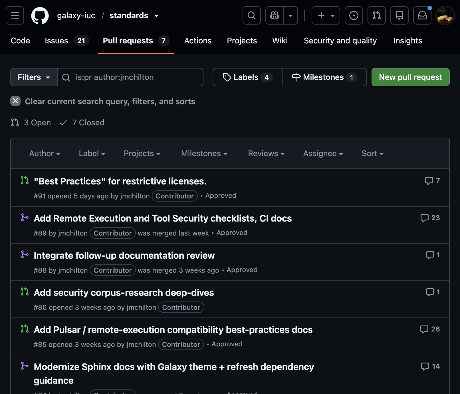 Pull requests authored by jmchilton in galaxy-iuc/standards: best practices for restrictive licenses, remote execution and tool security checklists, follow-up documentation review, security corpus research deep-dives, Pulsar remote-execution compatibility docs, and Sphinx docs modernization