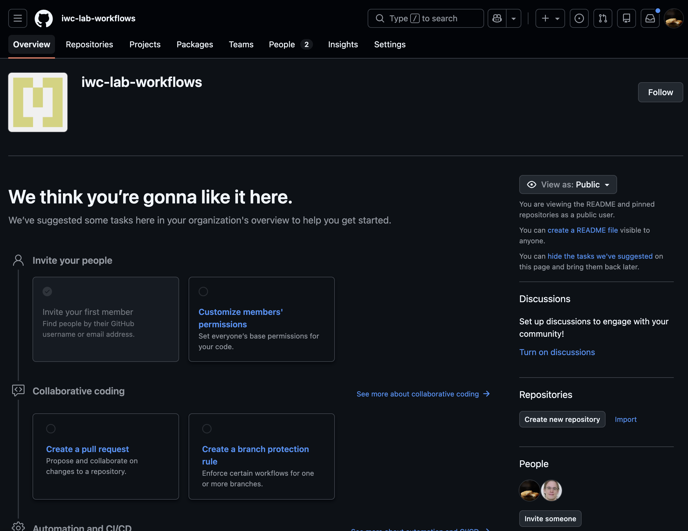 GitHub organization page for iwc-lab-workflows, newly created with two people and no repositories yet