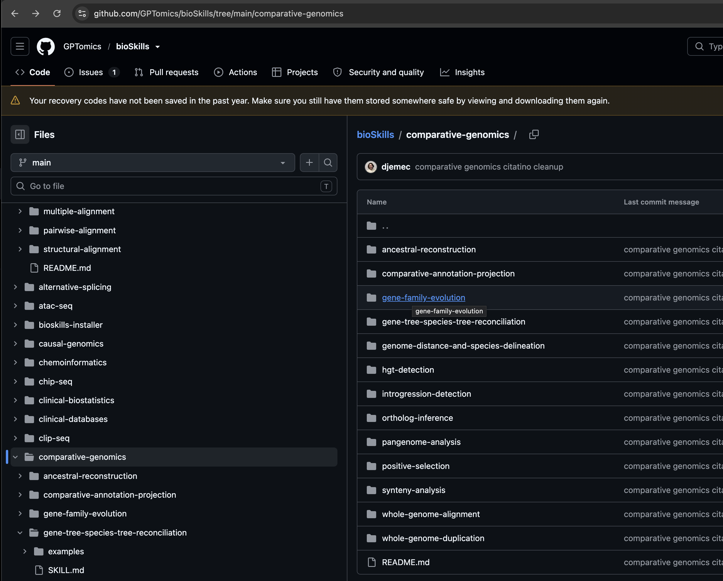 Screenshot of the bioSkills repository's AI-generated comparative genomics skill collection on GitHub
