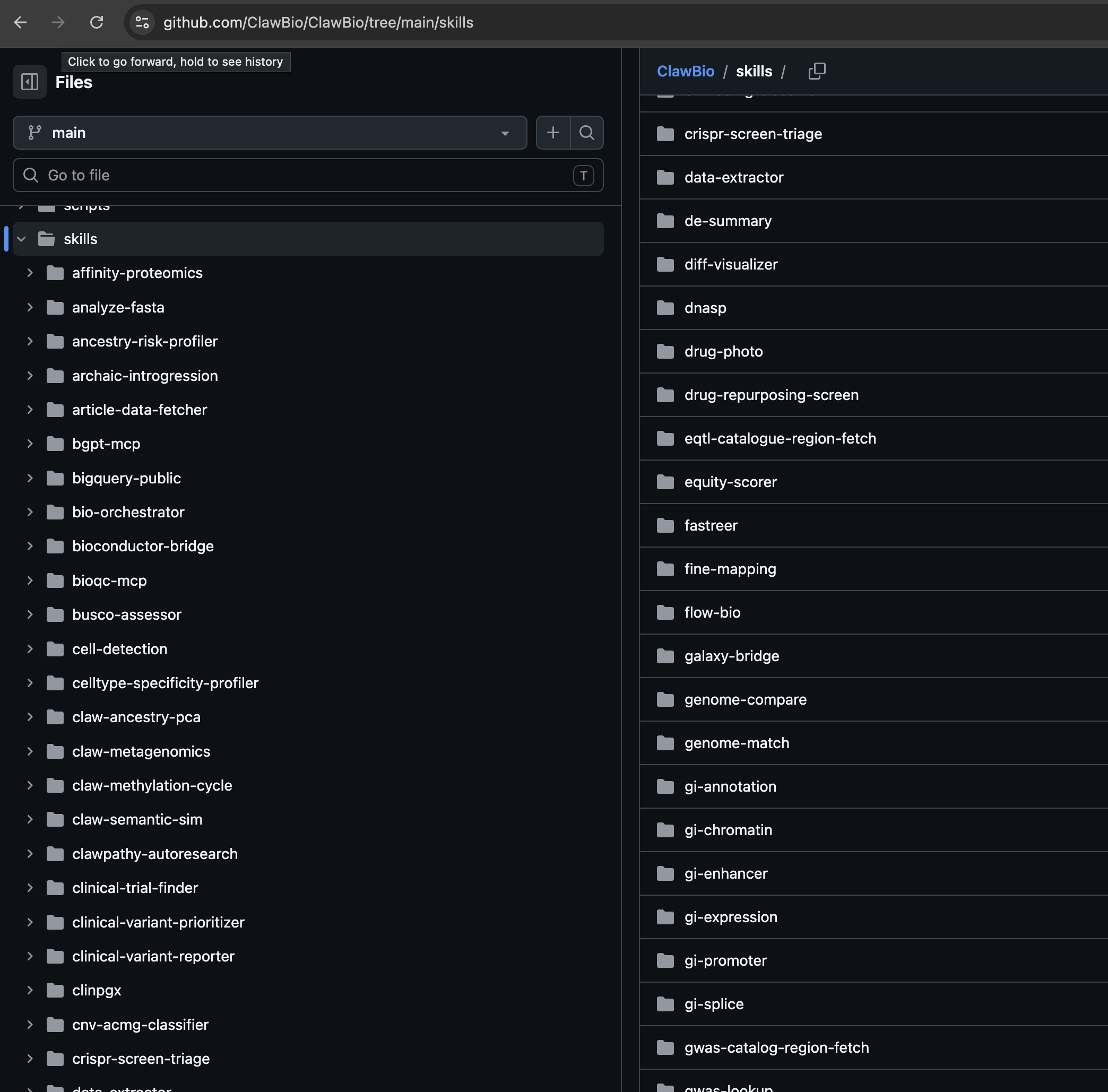Screenshot of the ClawBio repository's large AI-generated skills directory on GitHub
