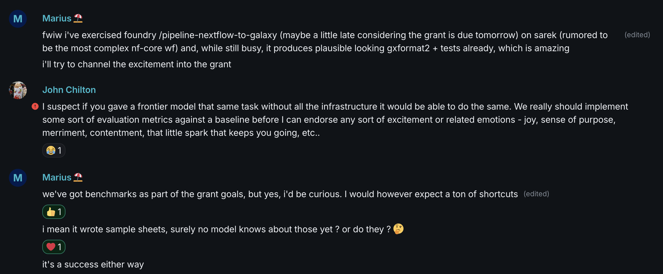 Conversation reporting that the Nextflow to Galaxy Foundry pipeline produced a plausible gxformat2 workflow and tests for the complex nf-core sarek pipeline