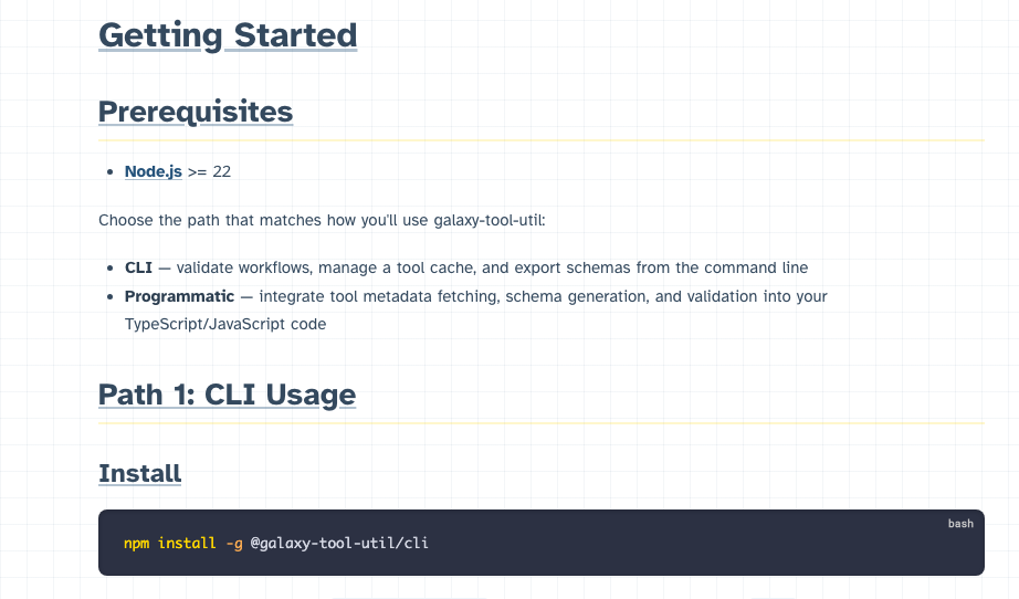 galaxy-tool-util Getting Started documentation showing npm install -g @galaxy-tool-util/cli