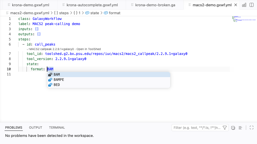 VS Code completing legal Format 2 select values for a Galaxy tool parameter
