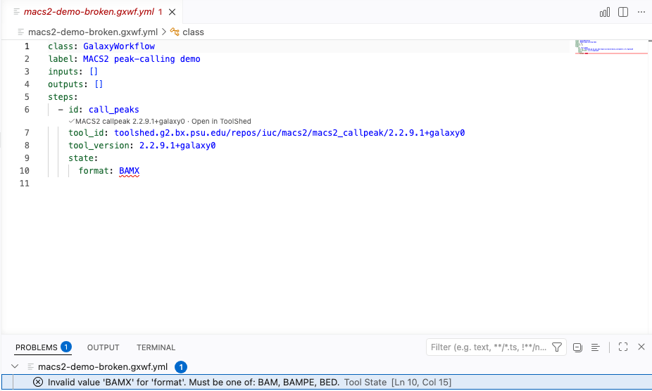 VS Code editing a Format 2 workflow with an invalid MACS2 format value flagged in the Problems panel