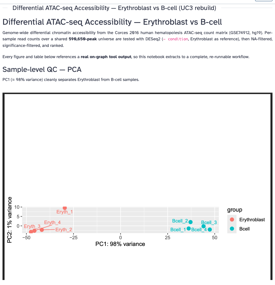 Rendered Galaxy Notebook showing DESeq2 PCA for erythroblast versus B-cell ATAC-seq