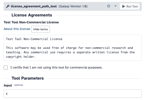 Cropped Galaxy fixture tool form with non-commercial terms expanded, an unchecked affirmation, and Run Tool disabled