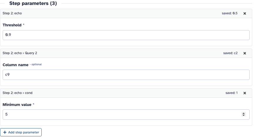 Simple run form with a Step parameters (3) section holding cards for Threshold, Query 2 Column name and cond Minimum value, each showing the saved value and a remove button