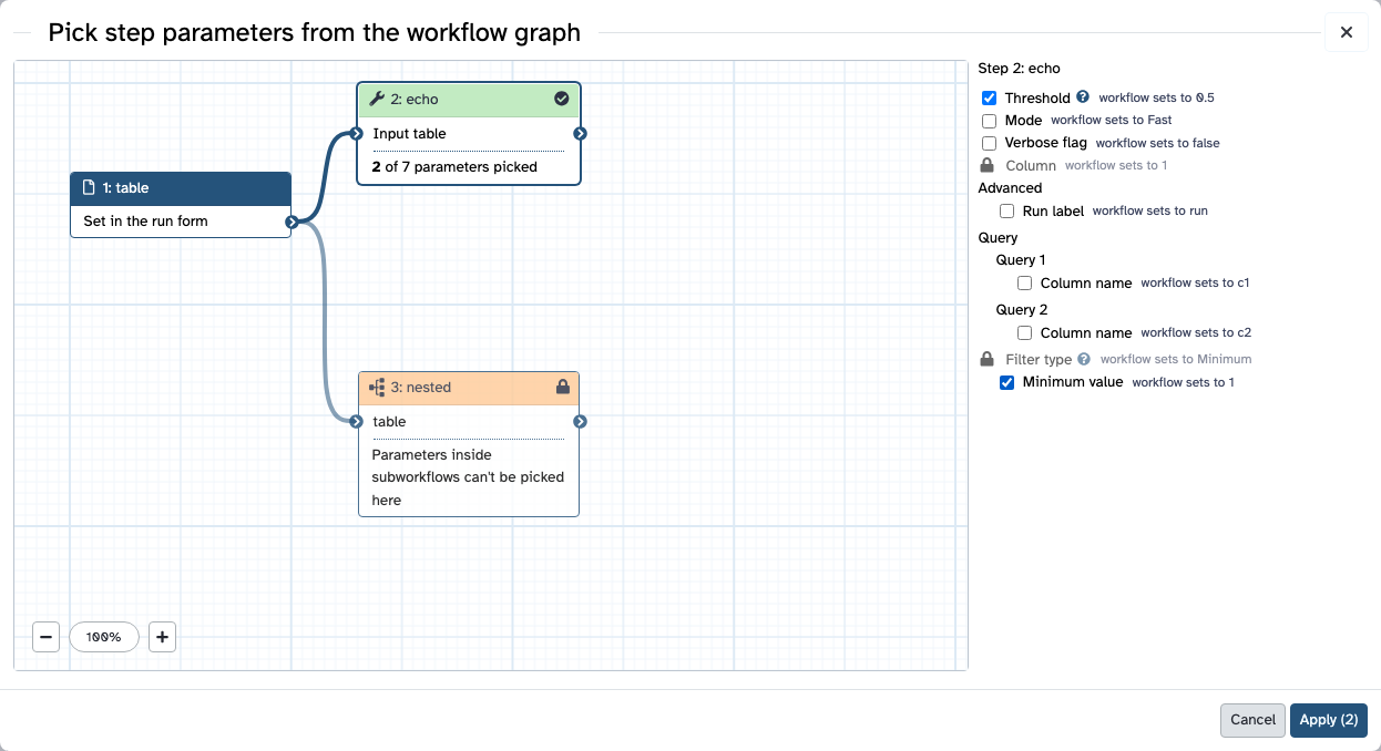 Pick step parameters from the workflow graph modal: a read-only graph with a table input, an echo tool node reading 2 of 7 parameters picked and a locked nested subworkflow node; the echo step's parameter list on the right
