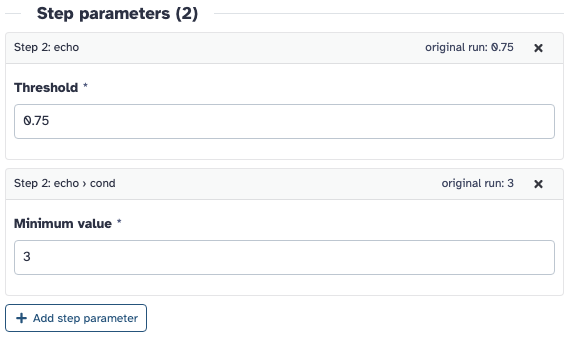 Rerun form showing two step parameter cards, Threshold 0.75 and Minimum value 3, labelled original run